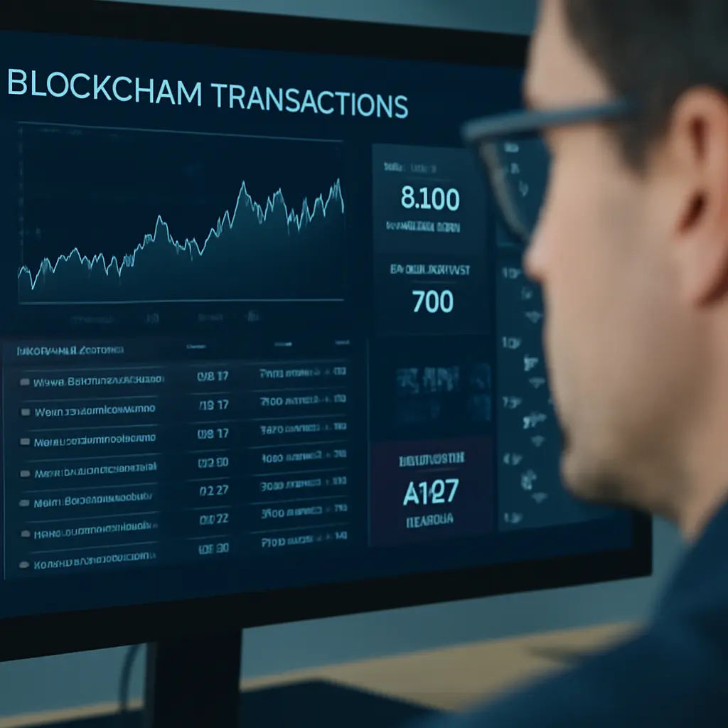 Специалист анализирует блокчейн-транзакции на экране компьютера