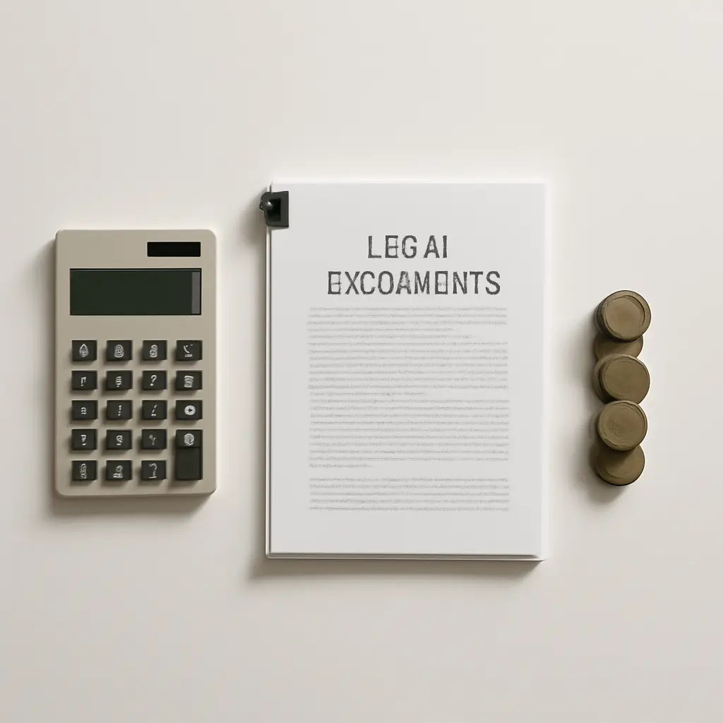 Экономия на юридической консультации Калькулятор, документы и монеты на столе, символизирующие оптимизацию юридических расходов