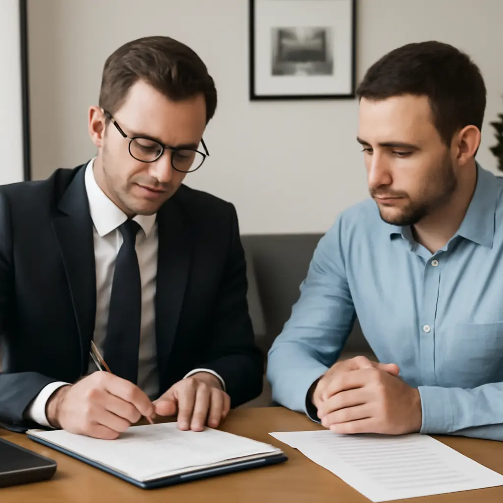 Юридическая консультация и документы Юрист и клиент обсуждают договор рядом с документами