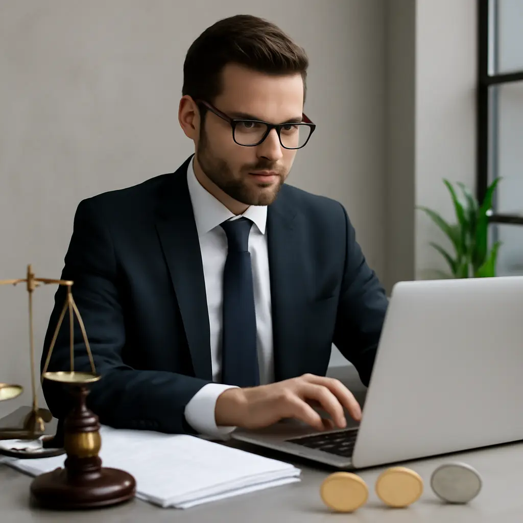 Юрист с ноутбуком анализирует документы рядом с изображением криптовалют