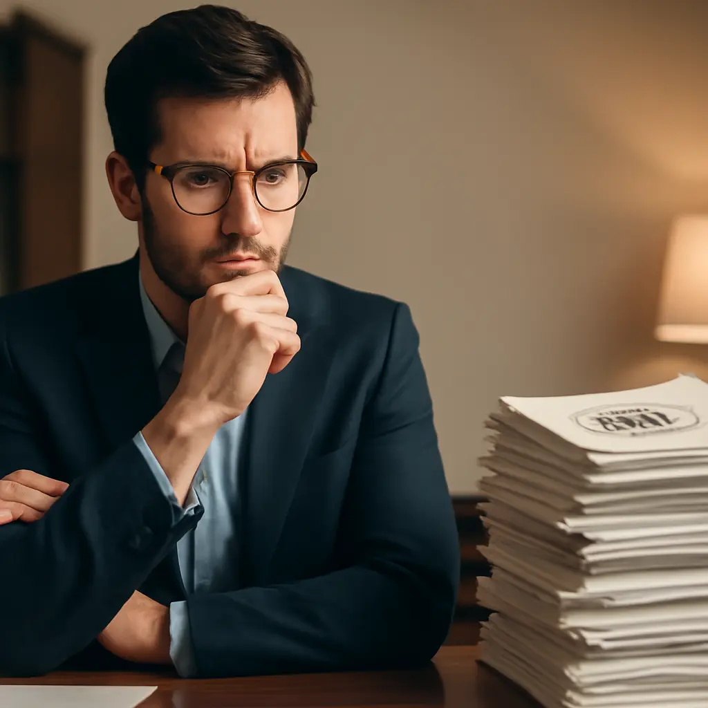 Человек смотрит на стопку документов и удерживается за голову