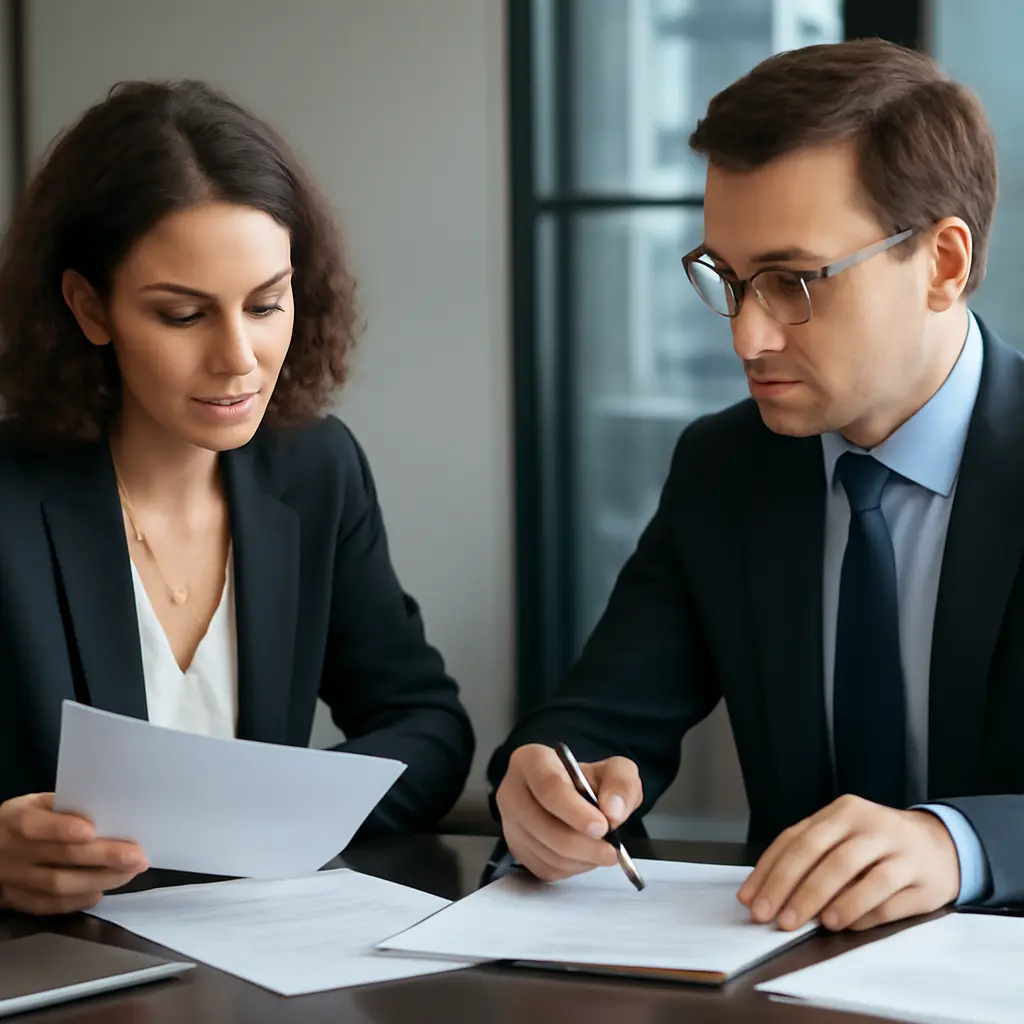 Юрист и клиент обсуждают план действий при правовой проблеме