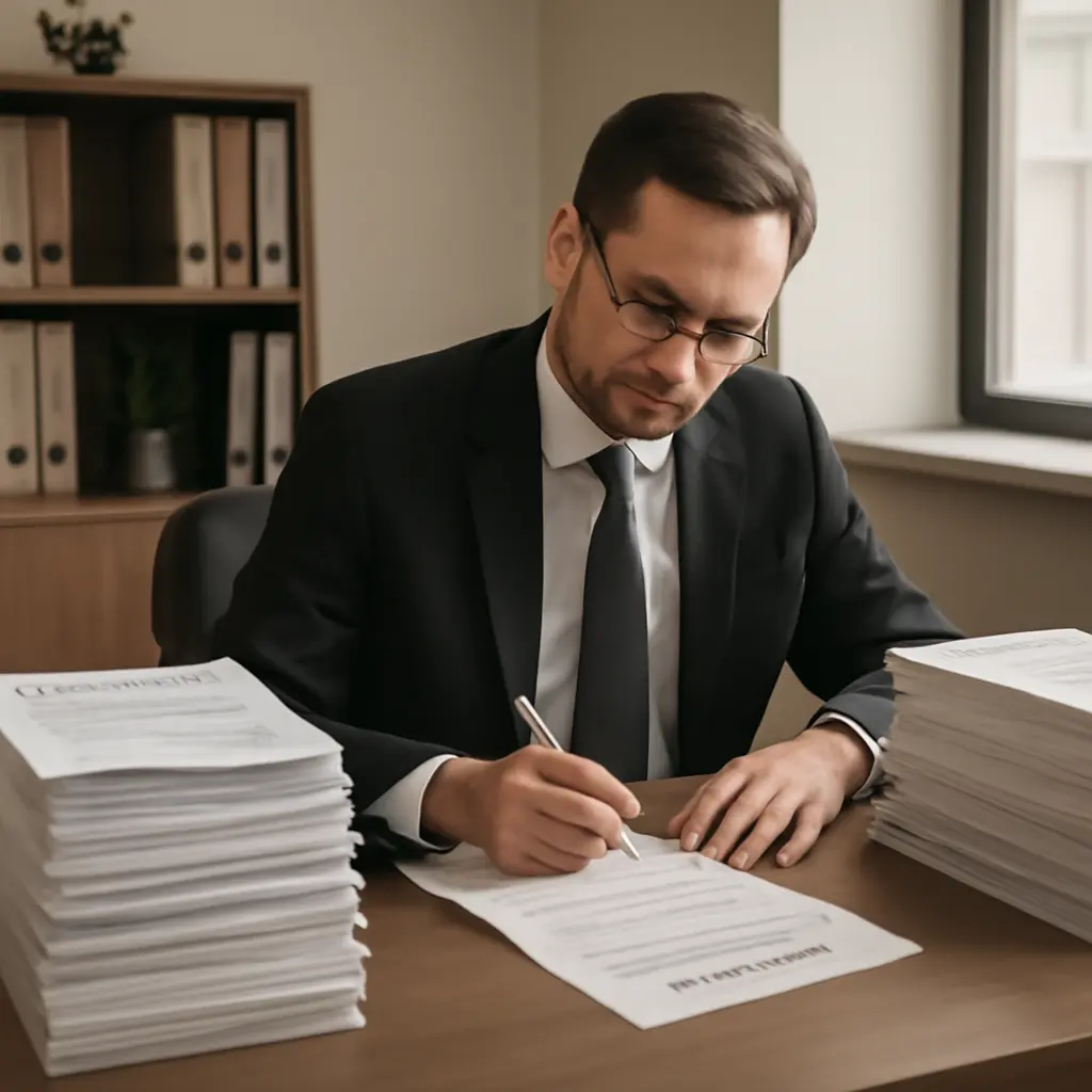 Юрист и шаблонные документы Юрист за столом с готовыми шаблонами документов