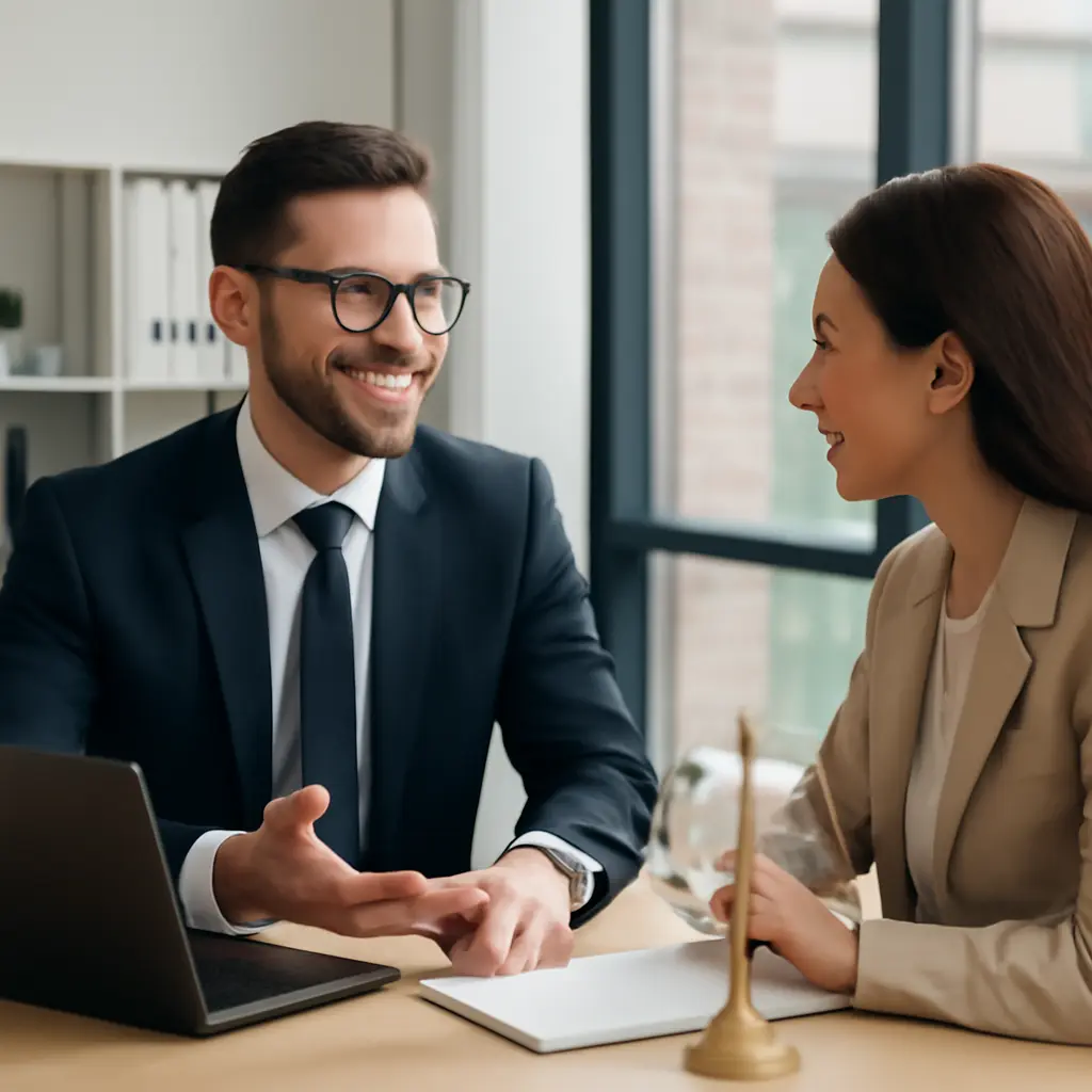 Юрист обсуждает стратегию с клиентом за столом