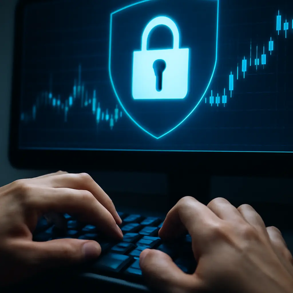 Проверка безопасности Руки на клавиатуре, экран с графиком и замком, символизирующим безопасность