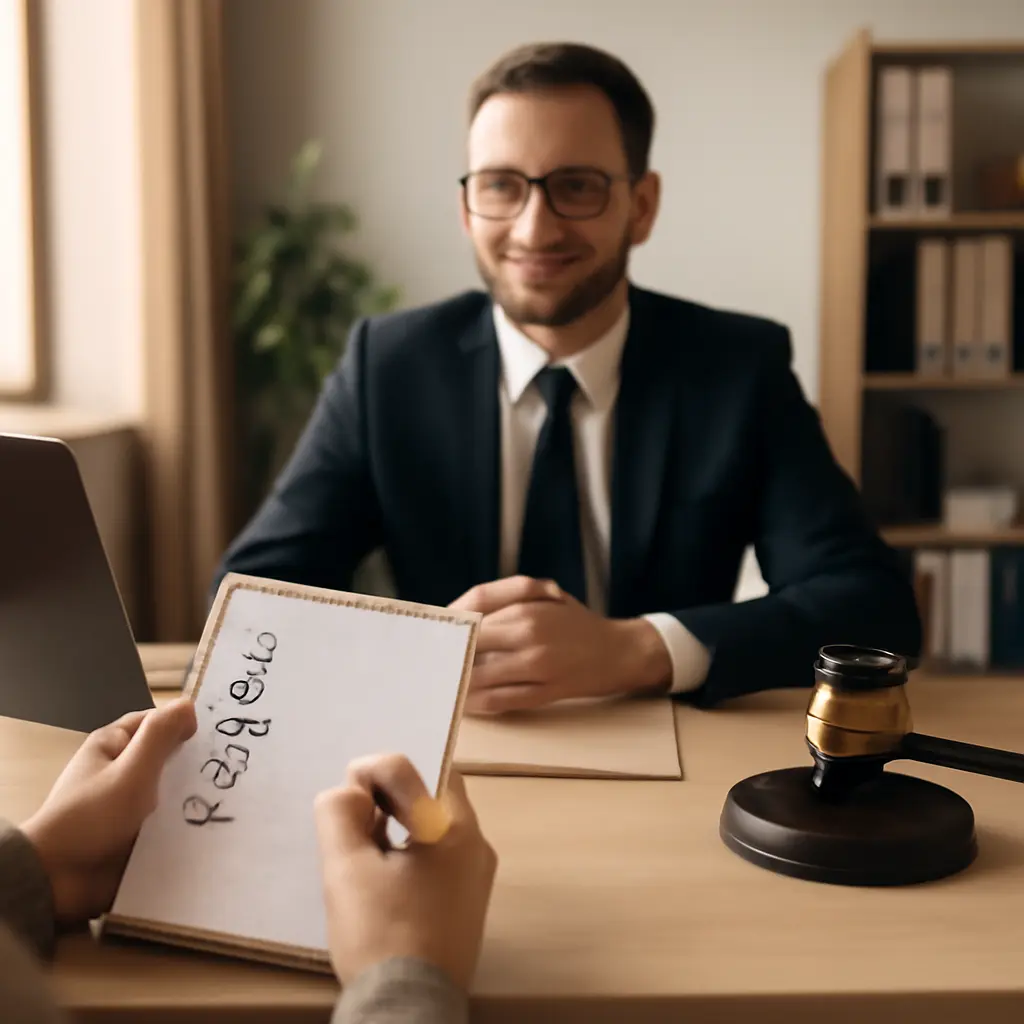 Вопросы юристу на консультации Человек с блокнотом задаёт вопросы юристу за столом переговоров